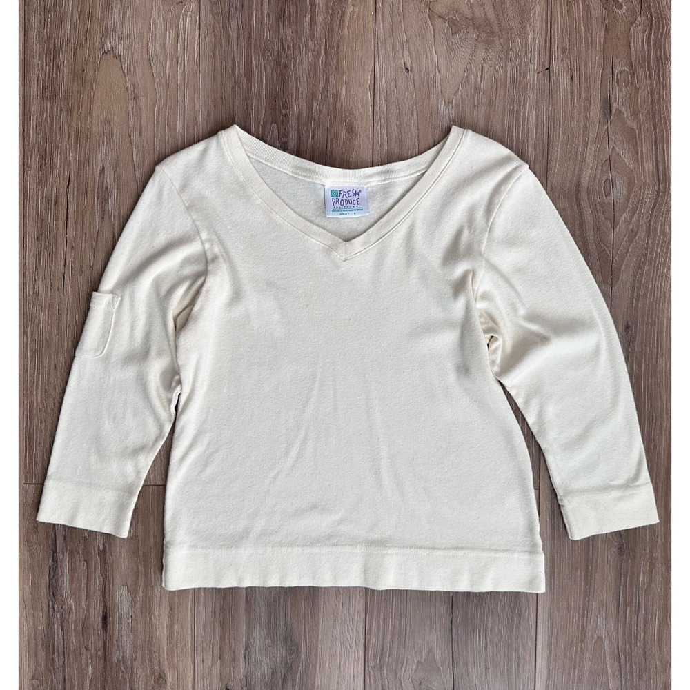 Fresh Produce Vintage WMS Cream V-Neck Cotton Sweater Arm Pocket S Laid Back 90s
